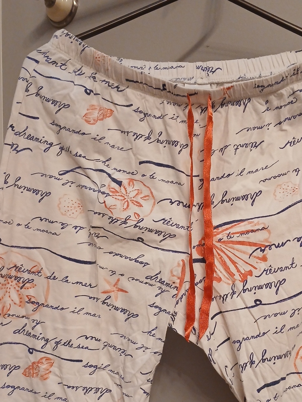 croft & barrow White Crop Pants with Navy Script and Orange Shell Print